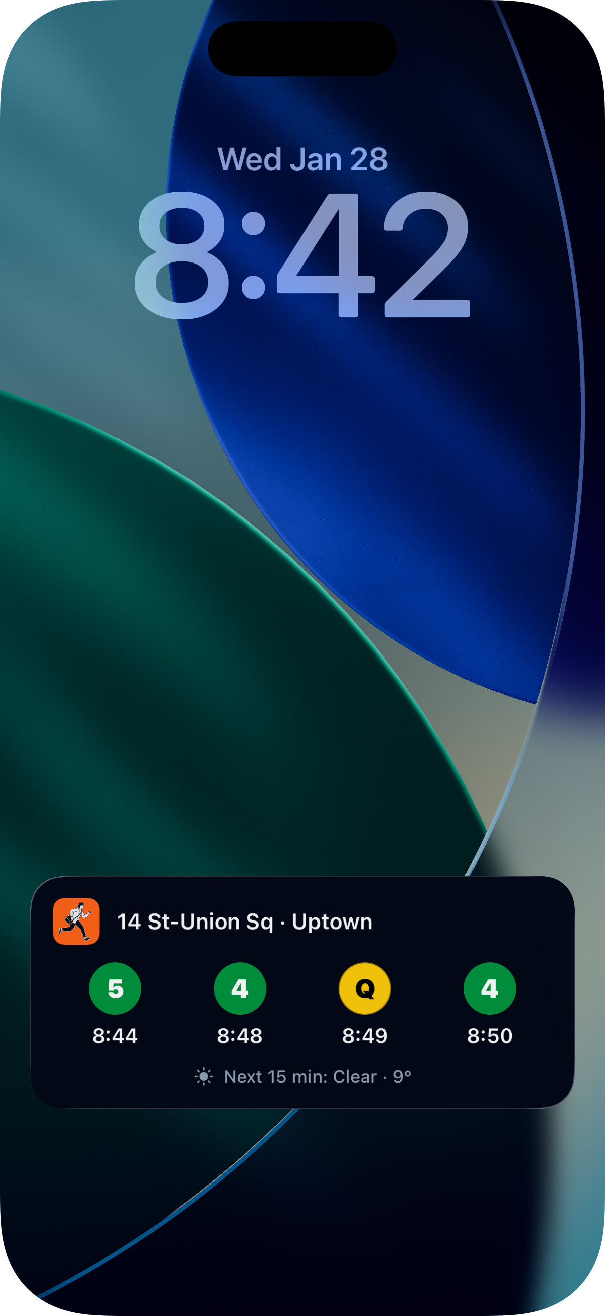 Commutely Live Activity on iPhone lock screen showing 4 upcoming trains with clock times and a 15-minute weather forecast