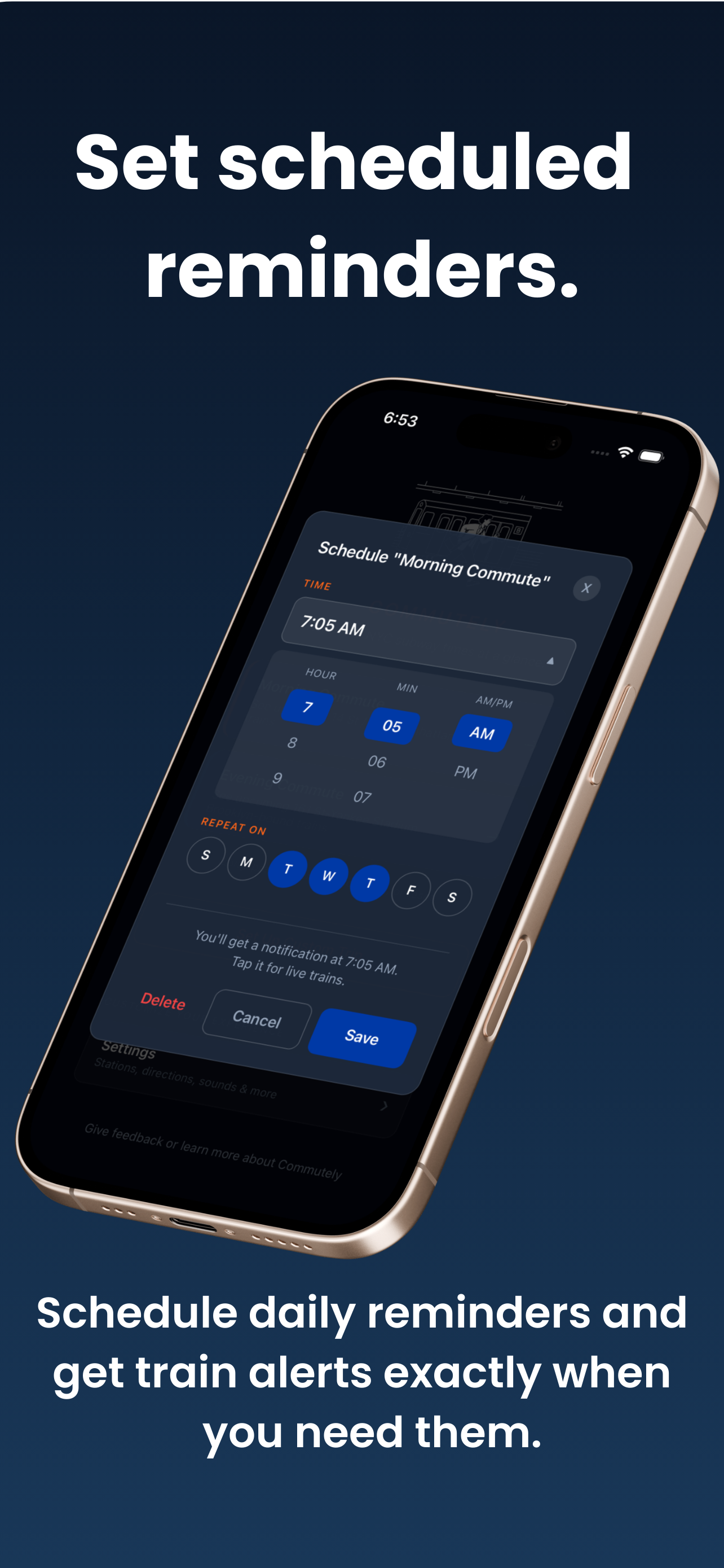 Commutely scheduled notification settings showing time picker and day selection